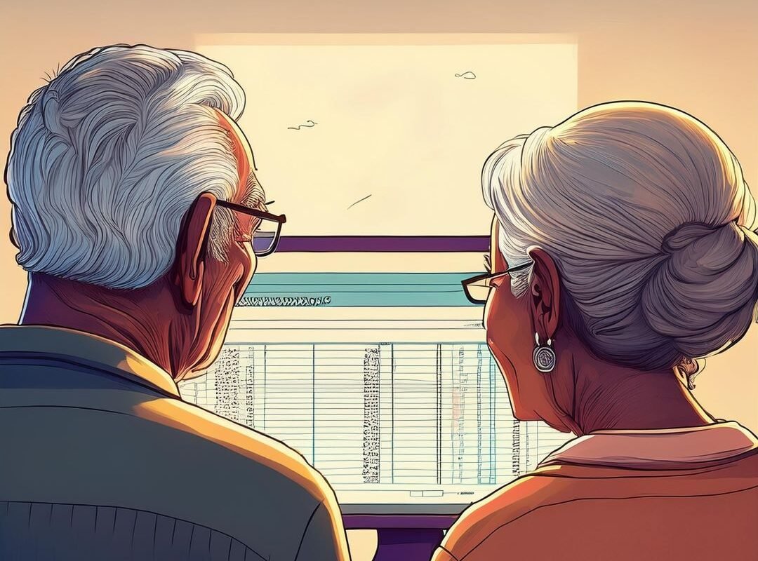 older couple looking at screen bank statement