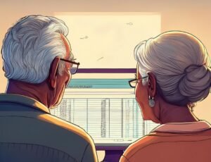 older couple looking at screen bank statement