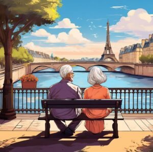 retired couple seated by Seine river in Paris