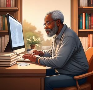 book collector looking at computer REal Life Retirement