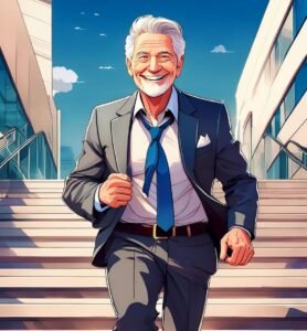 retired man walking down stairs