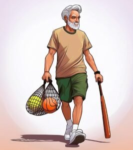 retired man carrying sports equipment for resale