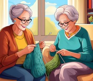 two retired women knitting