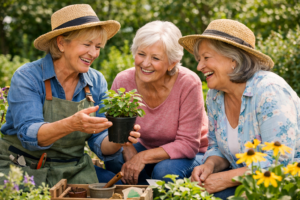 Master gardener showing plant details to two retirees Real Life Retirement
