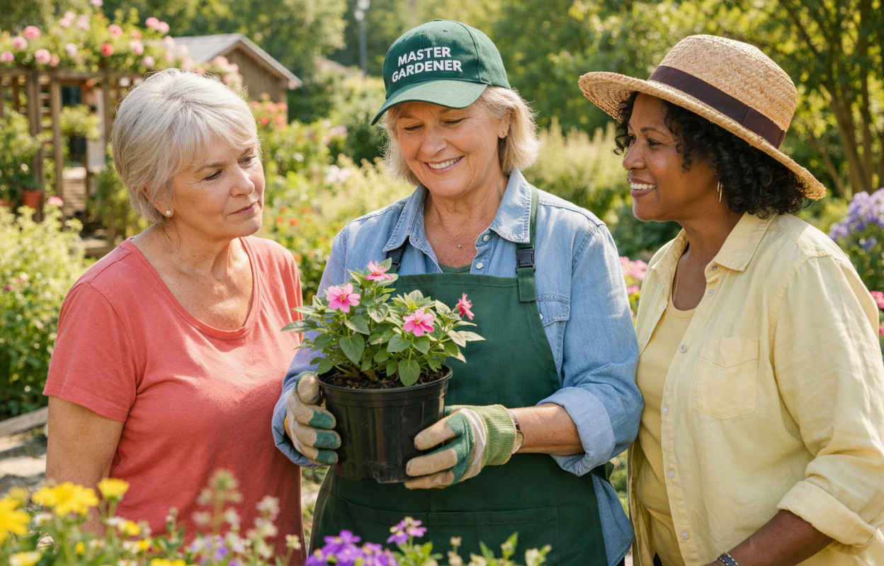 Master Gardener in garden with 2 trainees
