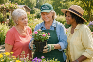 Master Gardener in garden with 2 trainees