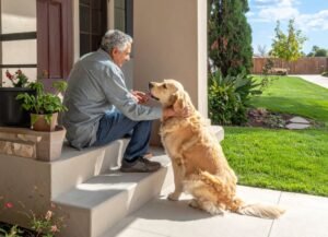 retored man with golden retriever on porch step Real Life Retirement