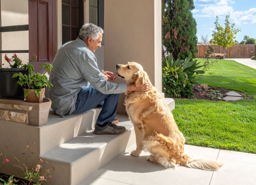retored man with golden retriever on porch step Real Life Retirement