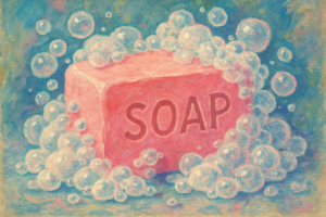 illustration of bar of soap with bubbles