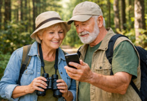 Retired Couple birdwatching in forest Real Life Retirement