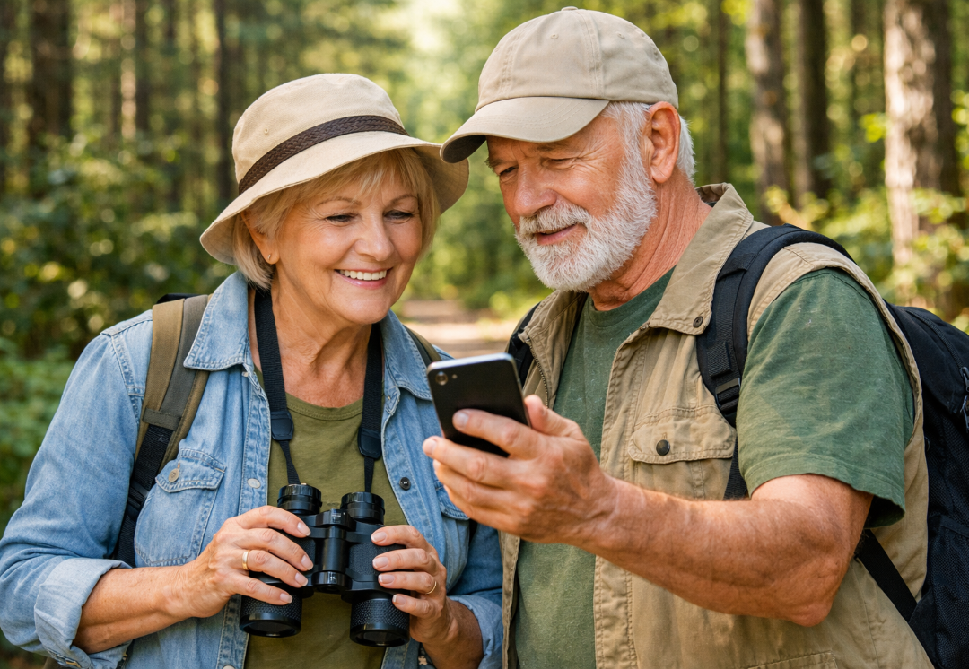 Retired Couple birdwatching in forest Real Life Retirement