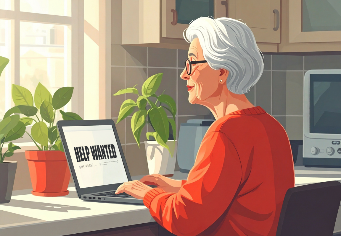 60 year old woman in red dress looking at jot hunting site online