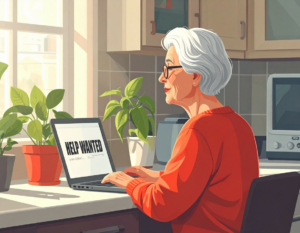 60 year old woman in red dress looking at jot hunting site online