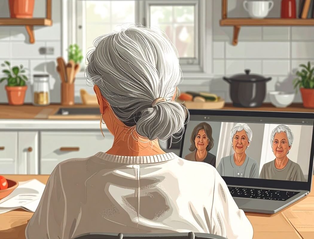 senior woman looking at zoom group on computer