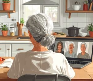 senior woman looking at zoom group on computer