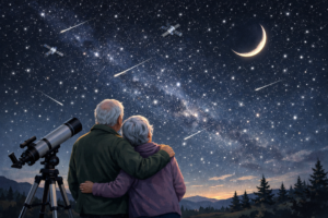 retired couple looking skyward at stars, moon and satellites. A small telescope is next to them