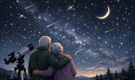 retired couple looking skyward at stars, moon and satellites. A small telescope is next to them