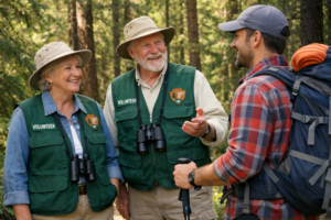 retired couple in National park Service volunteer vets talking with hiker in forest