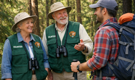 retired couple in National park Service volunteer vets talking with hiker in forest