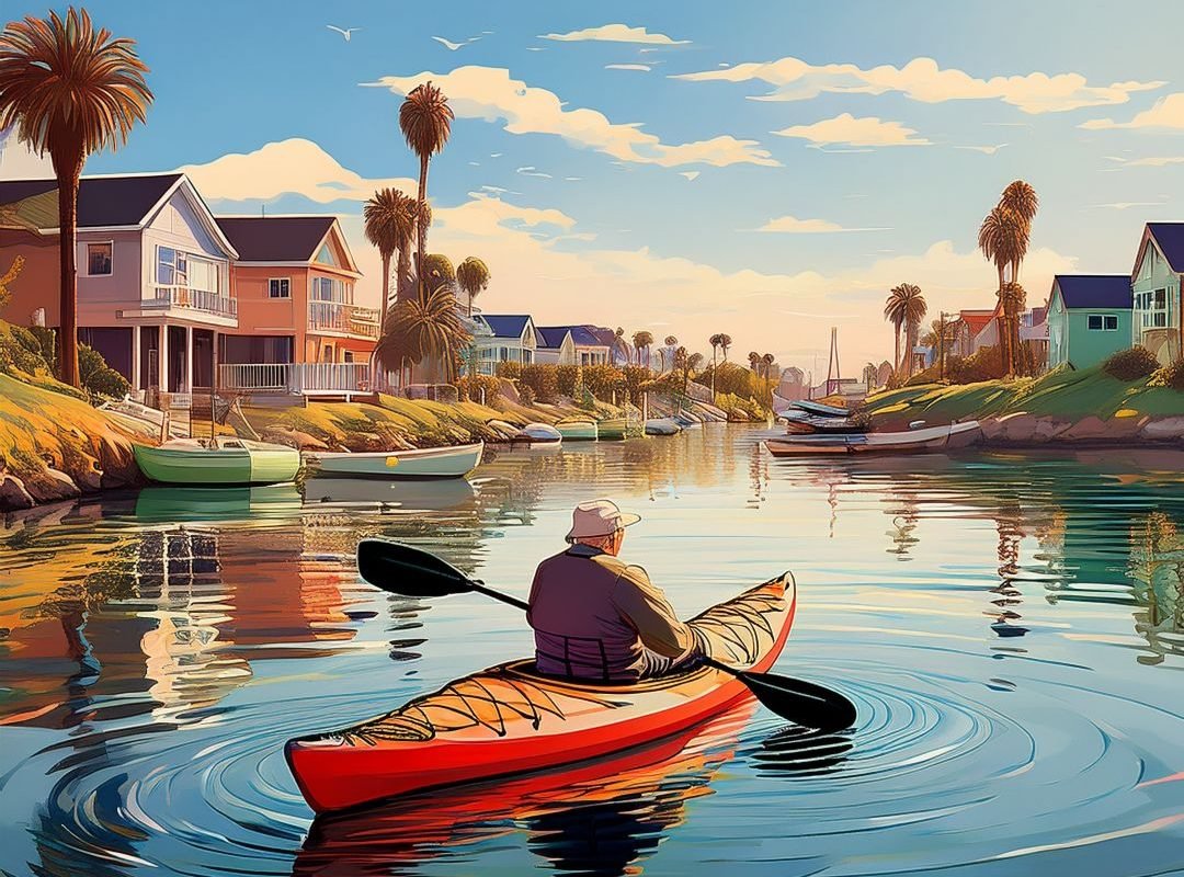 senior man kayaking on California bay