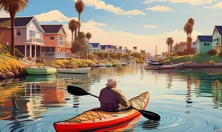 senior man kayaking on California bay